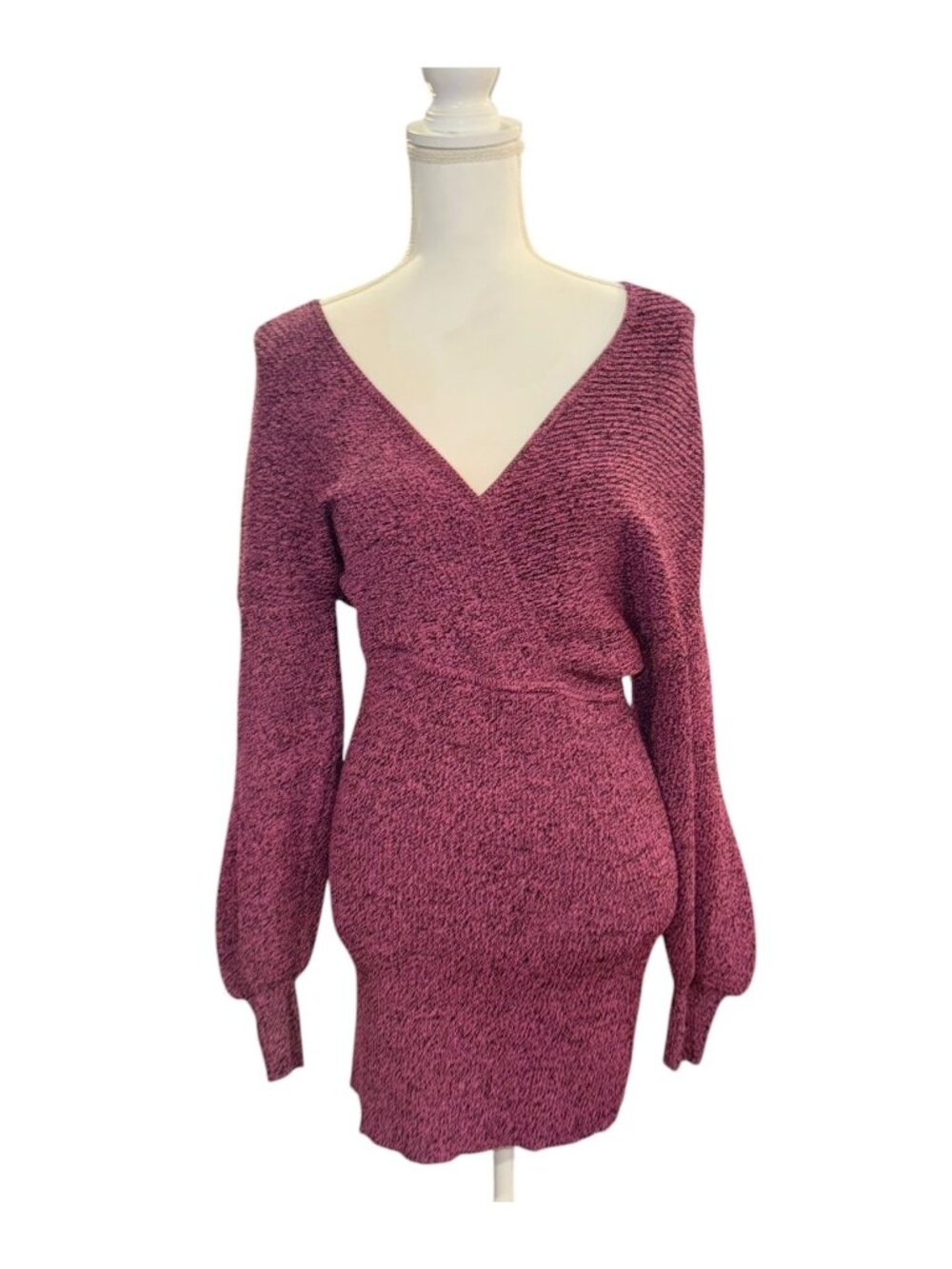 GANNI Pink Black Knit Mini Dress Small V Neck Long Puff Sleeve Stretch Bodycon